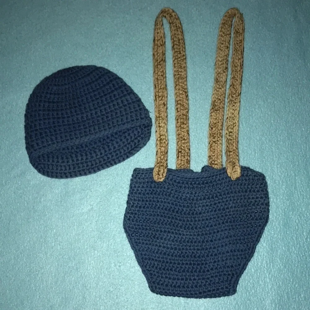 HANDMADE CROCHETED hat,matching bottoms suspenders and bow tie size 3-6 months